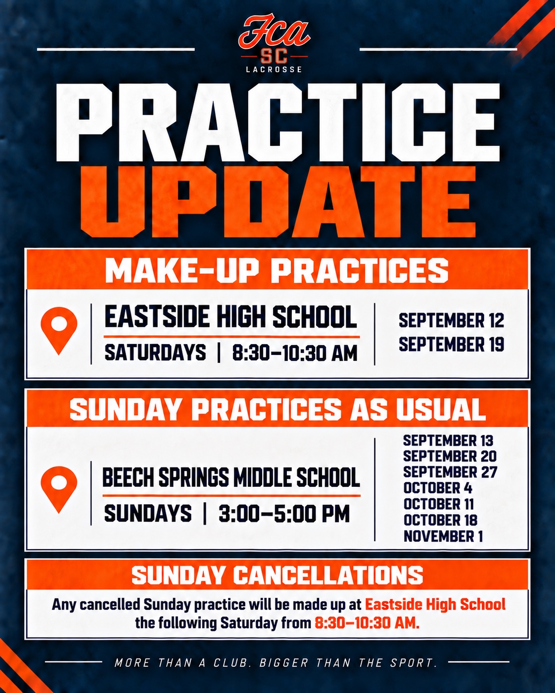 Updated FCA SC boys practice dates, times, and locations