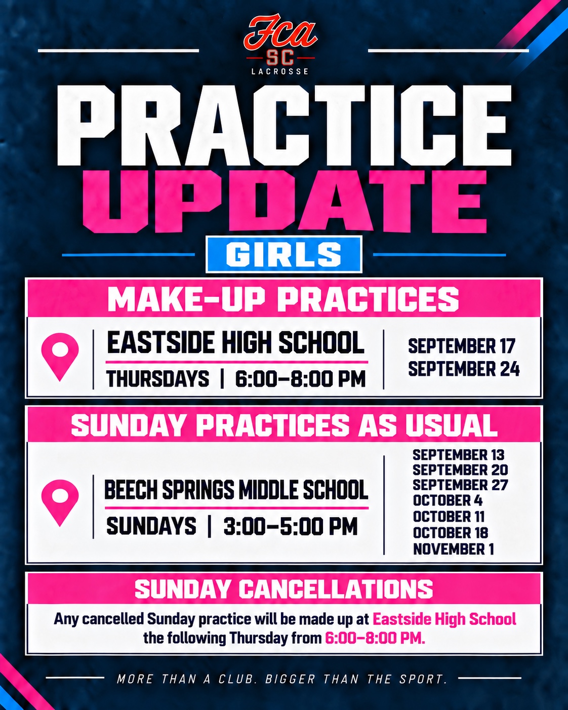 Updated FCA SC girls practice dates, times, and locations
